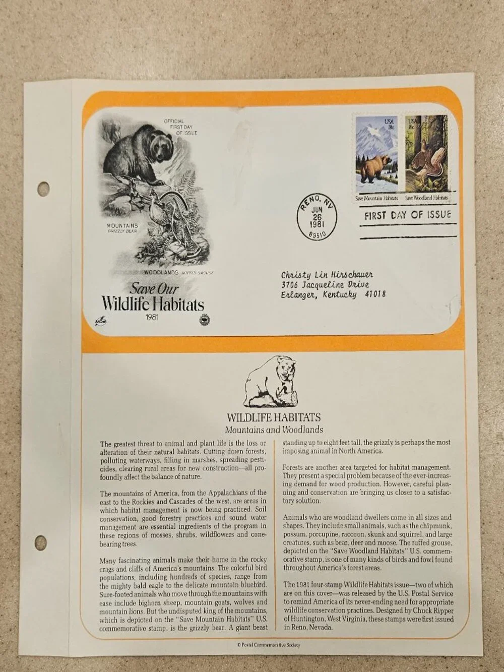RARE COLLECTIBLE USPS 1ST DAY ISSUE COVER SAVE OUR WILDLIFE GRIZZLY BEAR STAMP